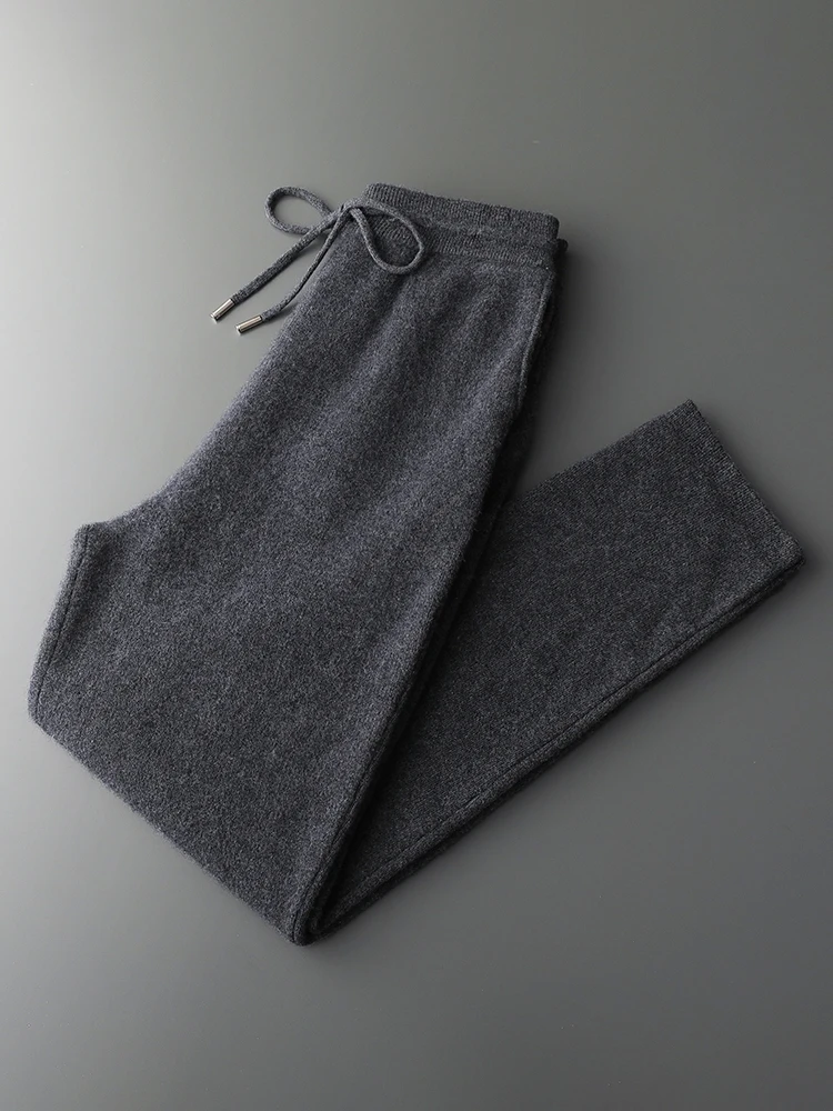 High-end 100% Pure Cashmere Pants Straight Leg Men's Outerwear Soild High Waisted Versatile Knitted Casual Trousers Thickened