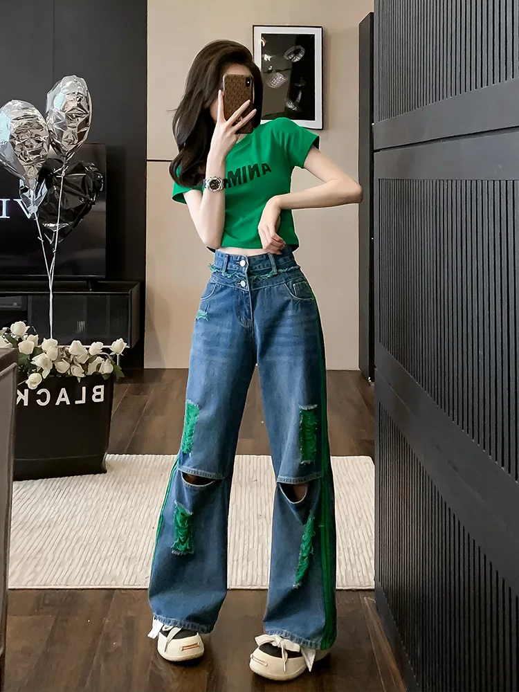 

Summer Fashion Women's Short Slim Fit T-Shirt High Waist Vintage Hole Denim Jeans Two Piece Set Shoulder Width Normal Fit