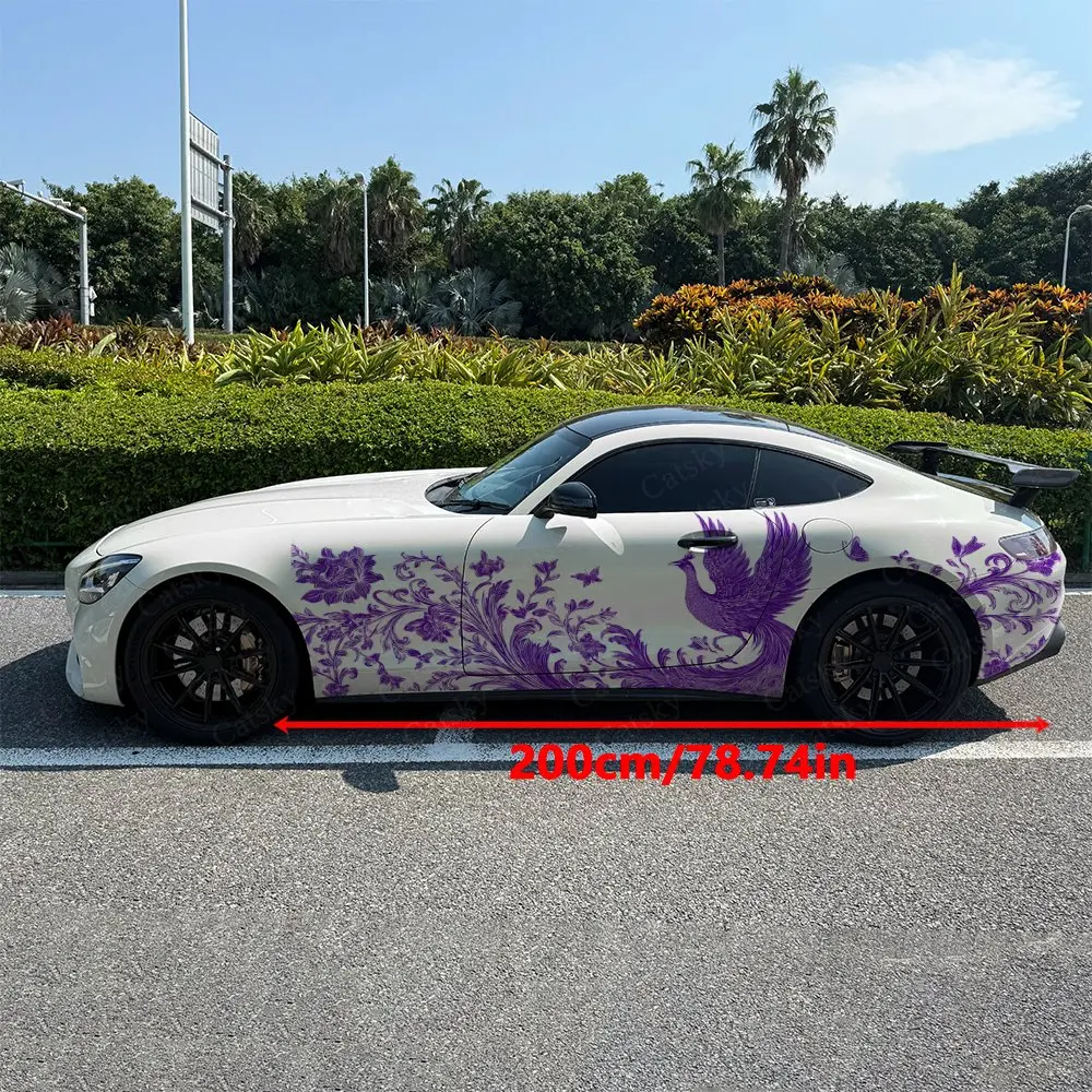 2pcs Classic Line Art Purple Phoenix Car Side Wrap, Self-Adhesive PVC Waterproof & Scratch-Resistant Sticker, Car Accessory Gift