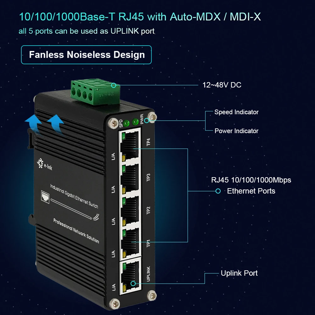 산업용 5 포트 기가비트 이더넷 (PoE) 스위치, 미니 네트워크 스위치, 딘 레일, 벽 마운트, 10Gbps, 100 Mbps, 1000Mbps, 12-48V DC