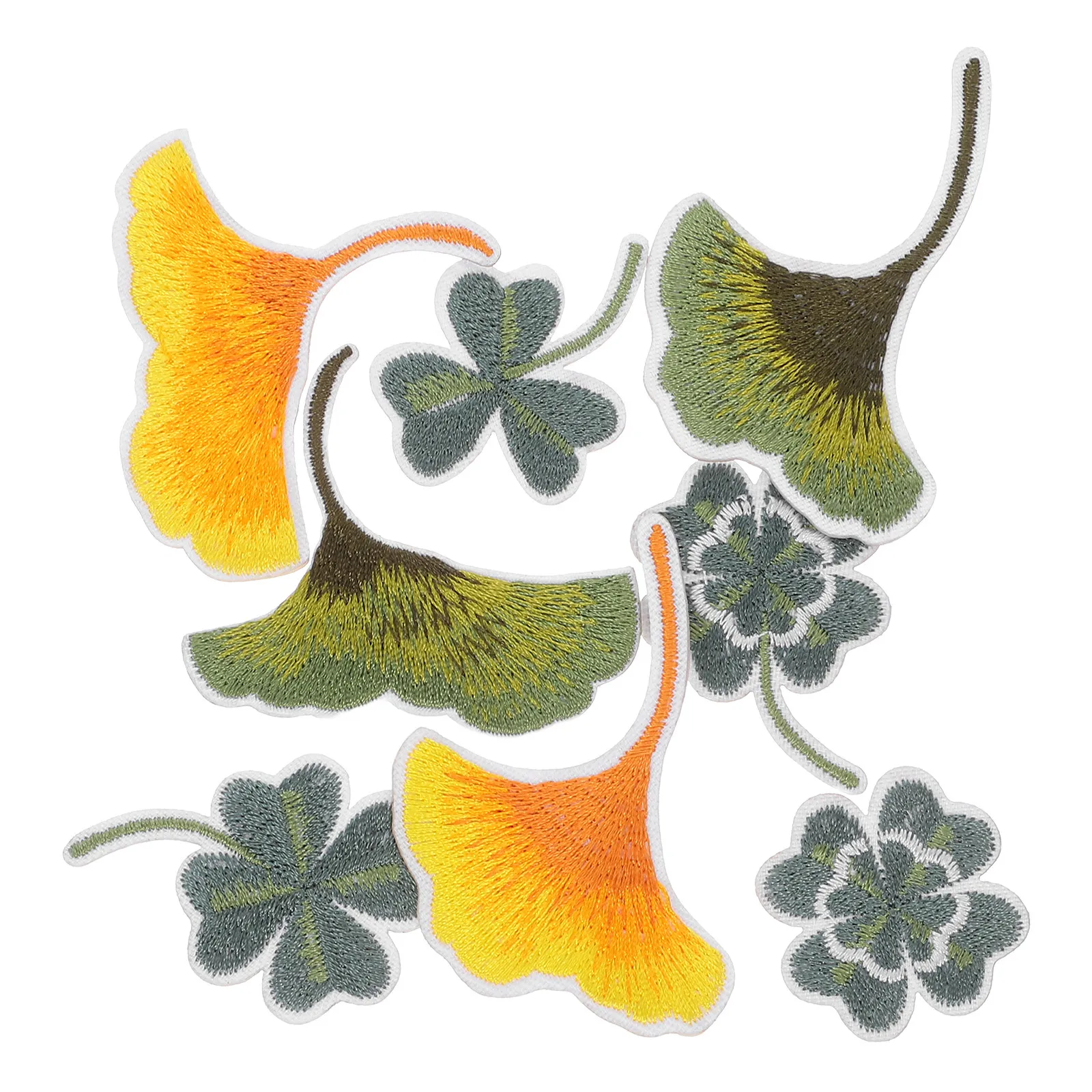 8Pcs Gradient Color Ginkgo Leaf Embroidered Patches Clothes Decoration Self Adhesive Fabric Stickers Shamrock Sew Patches