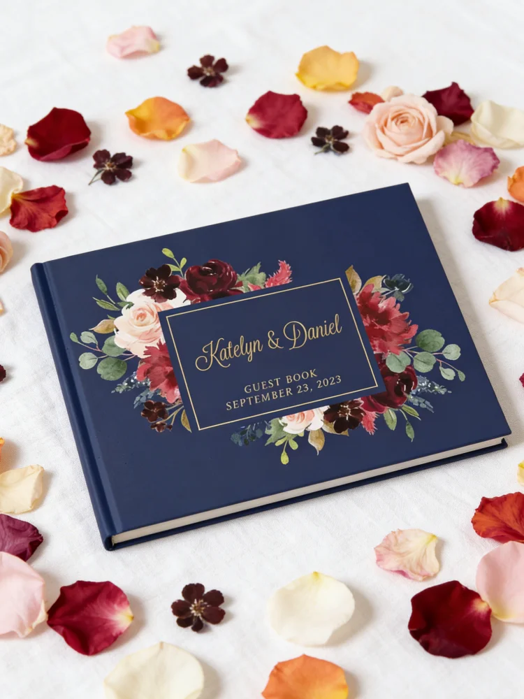 

Альбом для гостей на свадьбу с акварельными цветочными узорами, элегантный альбом для подписей в сине-золотых тонах, несколько вариантов цветов