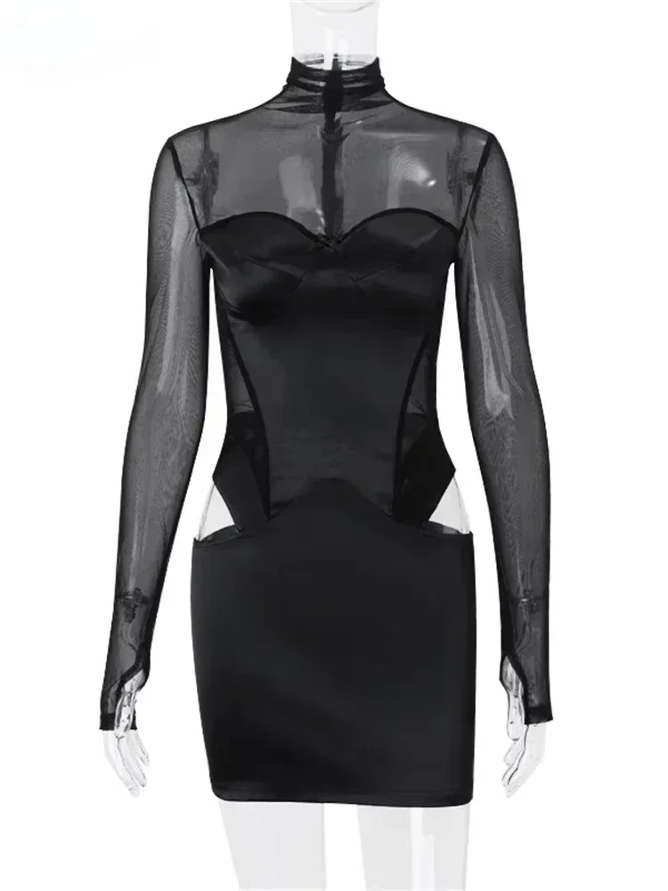 Pull Sexy en maille pour femmes, col roulé, manches longues, en Satin, découpé, moulant, court, Club, mode soirée, robe de soirée, 2024