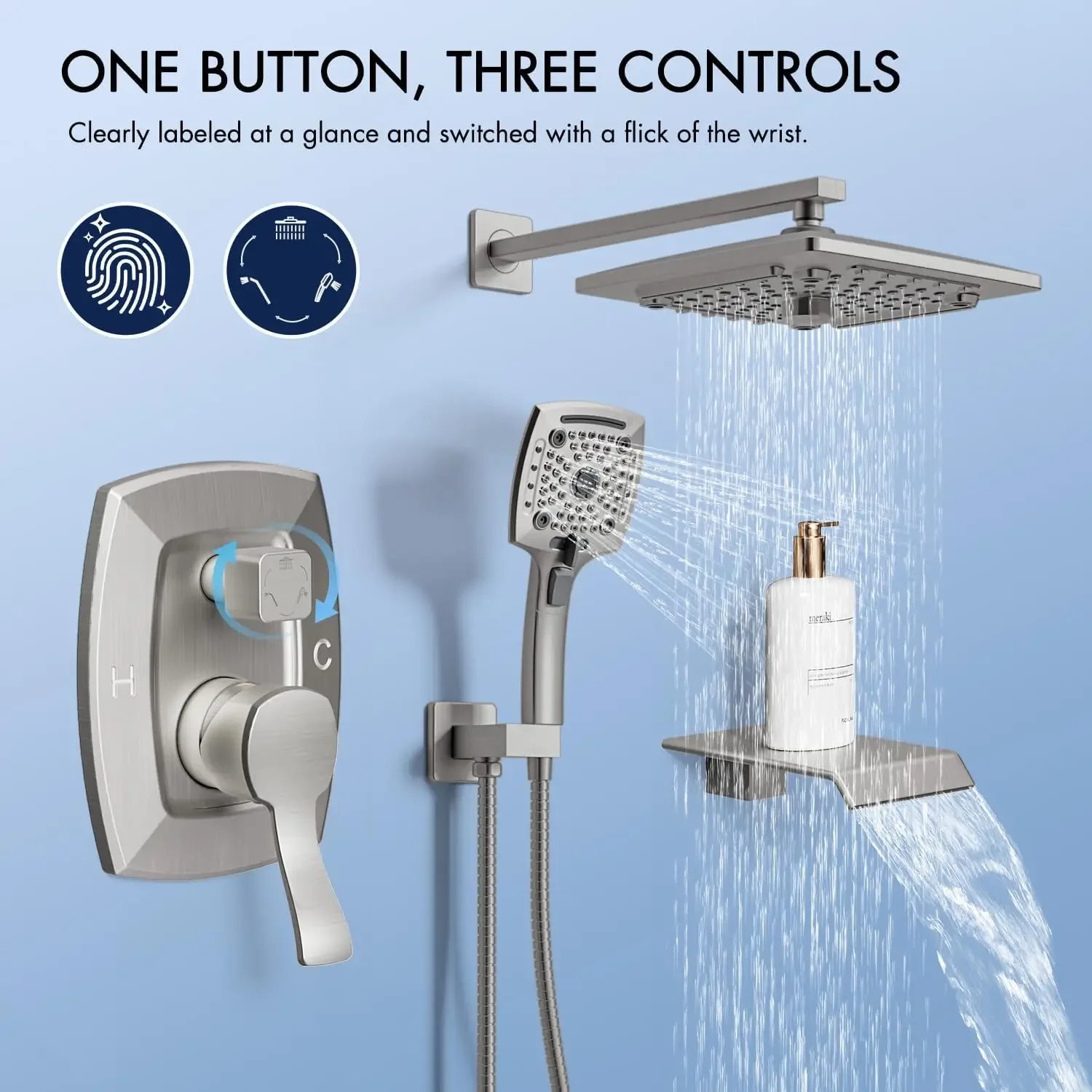 Shower Tub Shower Faucet Set Brushed Nickel Mixing Valve and Trim Kit, Rainfall Waterfall Shower Head with Handheld Combo