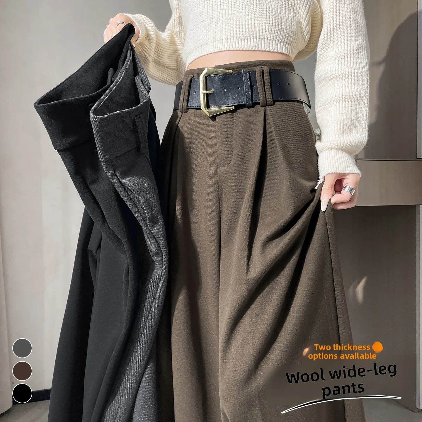 ارتفاع الخصر Fce اصطف الصوفية واسعة الساق السراويل النسائية دعوى عادية مستقيم الساق الطابق طول بنطلون الخريف الشتاء Faion #1