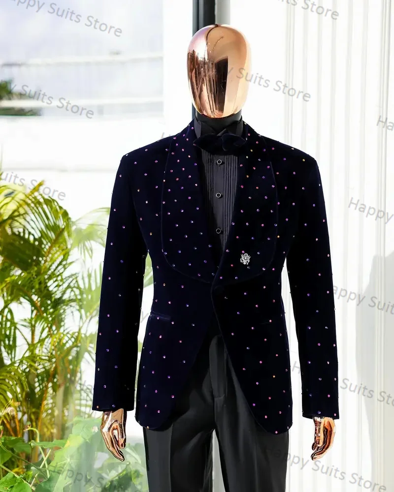 Conjunto de terno de veludo noivo masculino, blazer mais calças de algodão, jaqueta formal de escritório, sing casamento, casaco personalizado, cristais, 2 peças