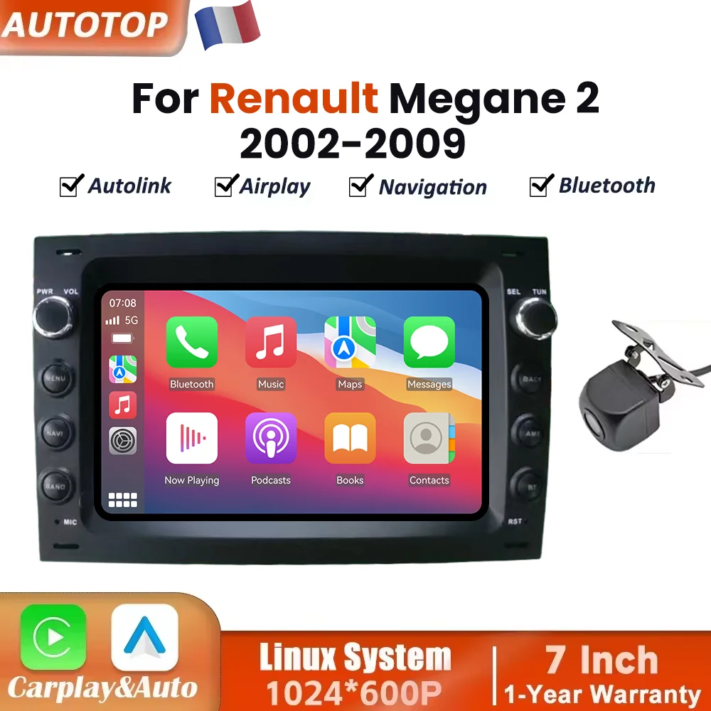 Autoradio da 7 pollici con sistema Linux, CarPlay wireless e Android Auto per Renault Megane 2 (2002-2009), schermo touchscreen multimediale con Airplay, Autolink, Mirror Link, WiFi, Bluetooth,