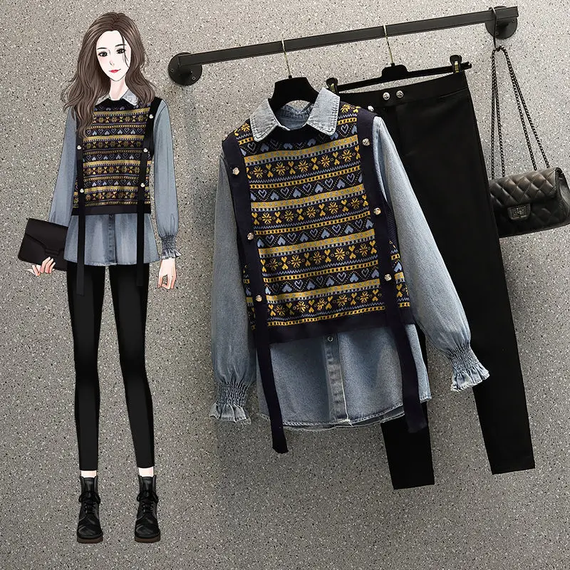 

plus Size Women's Fashion Set Autumn 2025 Waist-Cinching Slimming Age-Defying Denim Shirt Pants Three-Piece Ensemble