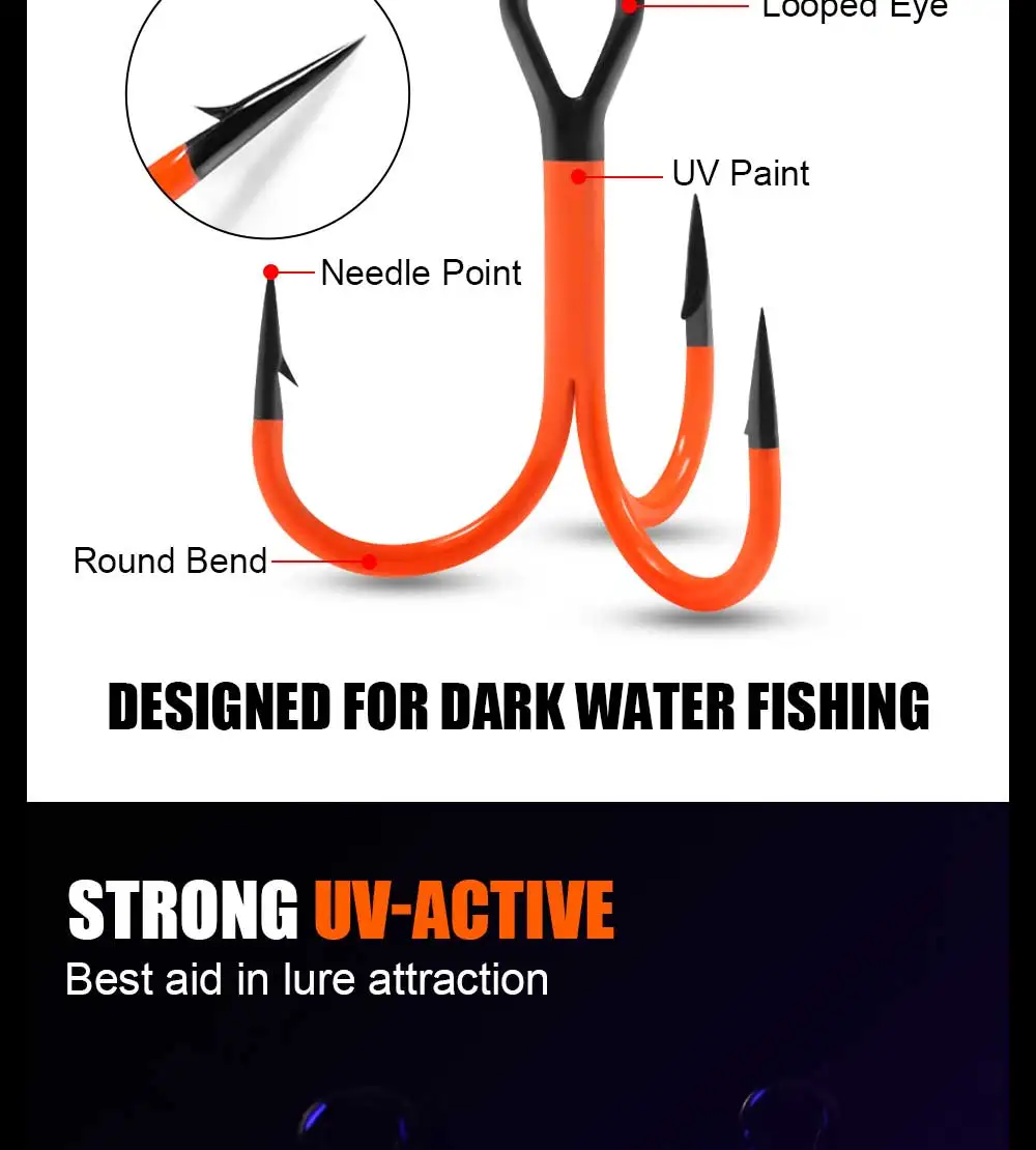Spinpoler Flame Treble Hook UV Orange/Green Coated Point Treble Hooks 2X Strong Black Nickel Soft Lure Swimbait Pesca Tackle