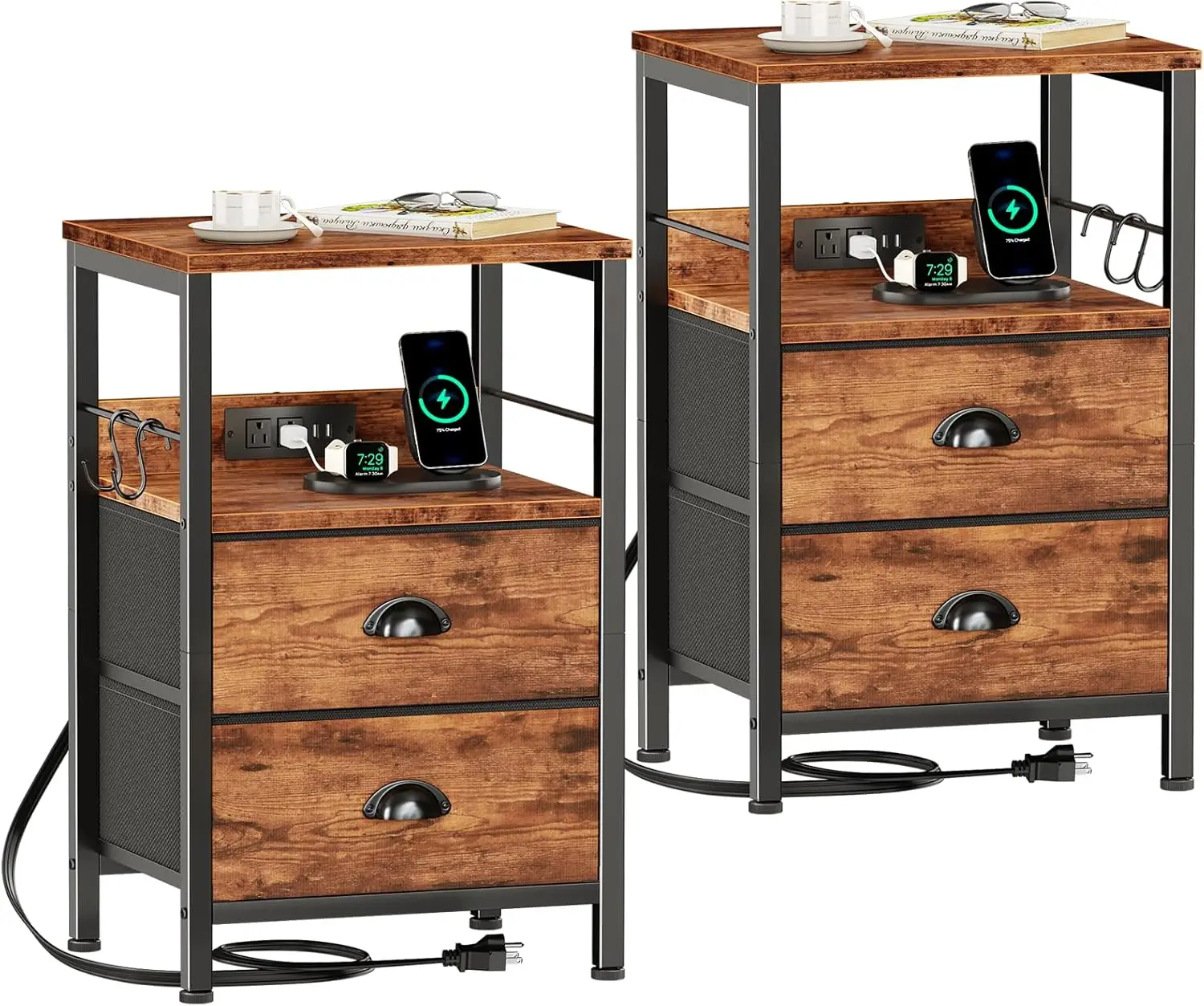 

2-Piece Rustic Brown Nightstand Set with Charging Station, USB Ports, Fabric Drawers & Storage Shelf for Bedroom/Living Room