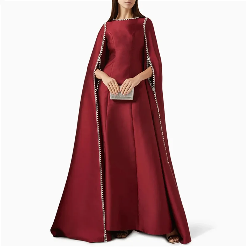 

Elegant Burgundy Arabic Evening Dress Customized Round Neck Long Sleeves Pearls Beading A Line Satin Arabian Prom Party Gowns
