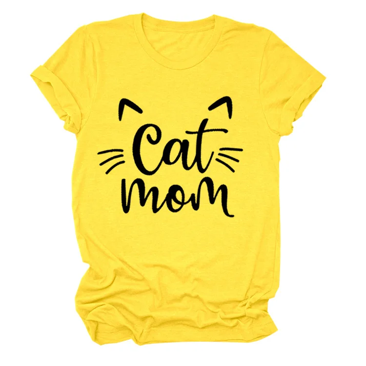 Camiseta con estampado de gato y mamá para Mujer, ropa holgada de manga corta con cuello redondo, Tops