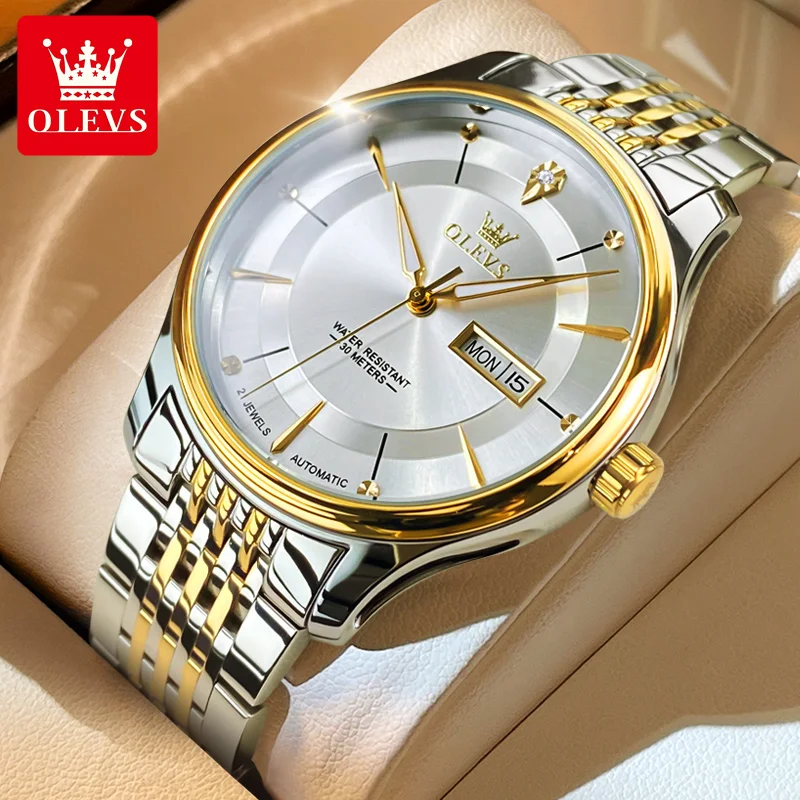 Original OLEVS Automatic Mechanical Watches for Men Luxury Man Wristwatches Clock Week Date Display Business Wrist Watch New