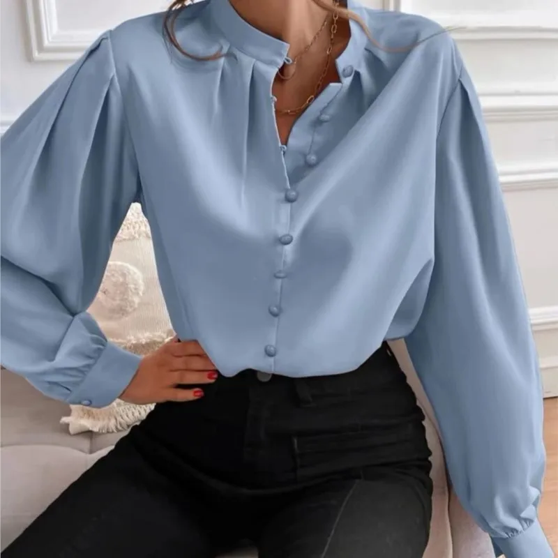 Ladies Elegant Shirt Solid Color Lapel Long Sleeve Single Row Button Loose Top Shirts Women Color Fashion Commuting Blouses