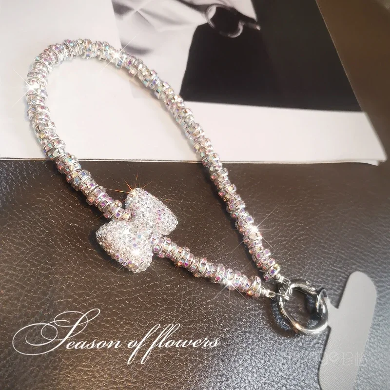 Short Diamond Studded Bow Mobile Phone Lanyard Wristband Shiny Lanyard Phone Case Key Universal Hanging Rope Bag Body KitJewelry