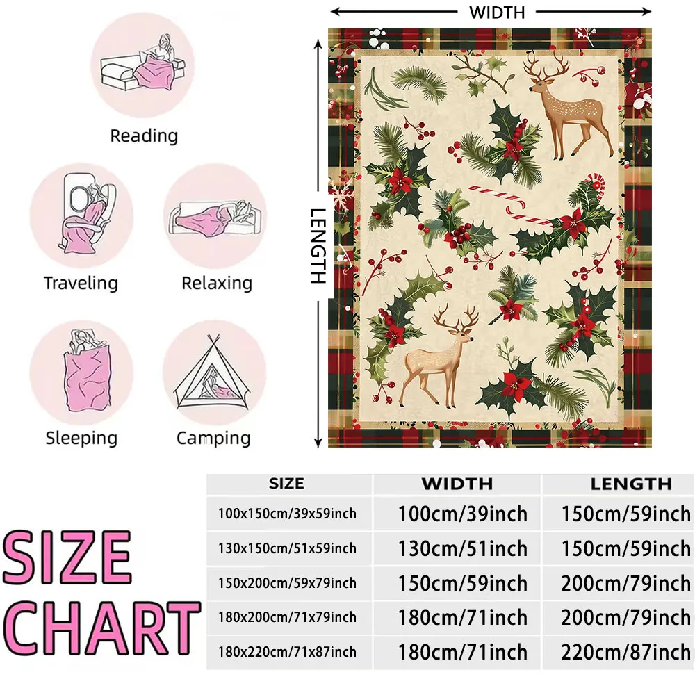 230g Flannel Fleece Blanket Christmas Wreath Garland Pattern Soft Warm Cozy Winter Blanket for Christmas Decoration