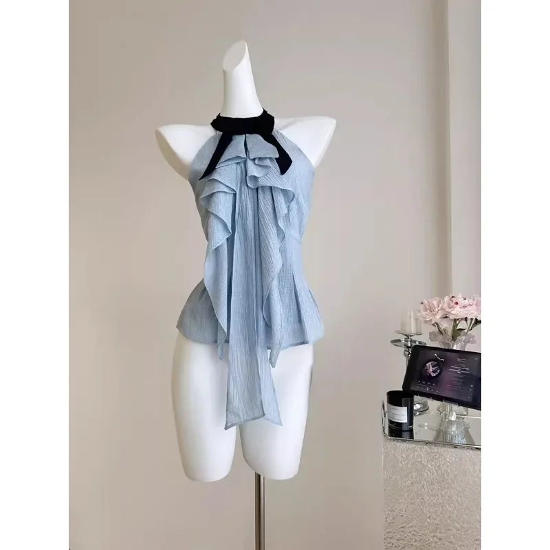 Blue Shirts Halter Off Shoulder Sleeveless Ruffles Blouses Vintage Hot Girls Sexy Korean Style Blouse Summer Trendy Female Tops