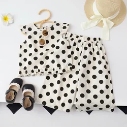 Black Dot Children's Set Summer Girls Sleeveless Top+casual Wide Leg Pants Two-piece Set Daily Basic Set Cotton Girl Clothes