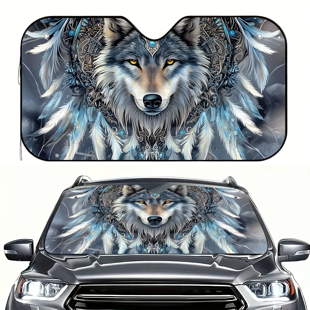 

Автомобильный солнцезащитный козырек Wolf Dream Catcher Phantom Print — стильный дизайн с волком и перьями, подходит для автомобилей, внедорожников, грузовиков, 4 присоски, складывается