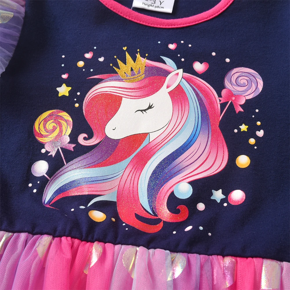 DXTON Herbst-Kleider für Kinder, Einhorn-Motiv, gepunktet, Netzstoff, Prinzessinnen-Tutu-Kleid, für Kleinkinder, Urlaub im Freien, langärmelig, Mädchenkleidung, 3–8 Jahre – Detail 4