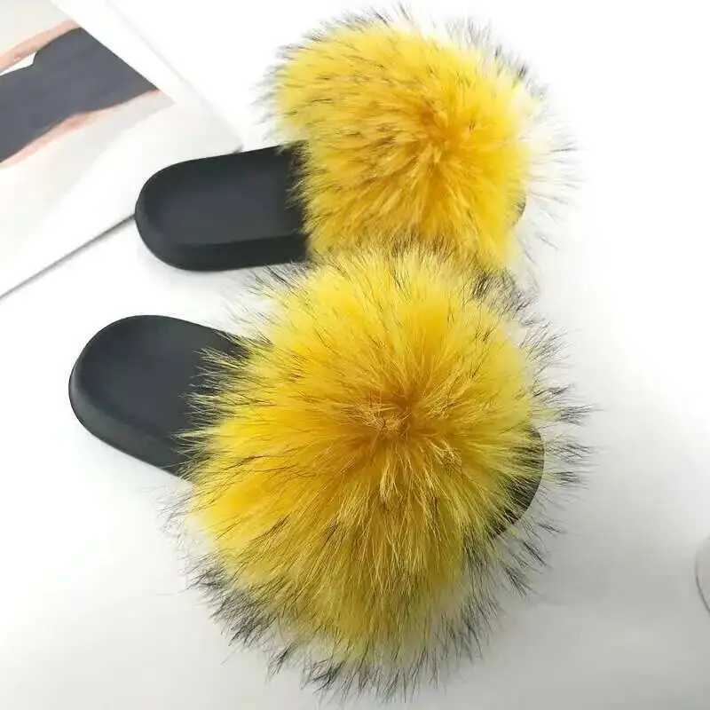 Women Summer New Real Fox Fur Fuzzy Slippers Indoor Outdoor Fashion Furry Flat Slides Raccoon Fur Beach Fashion House Shoes - Image 4
