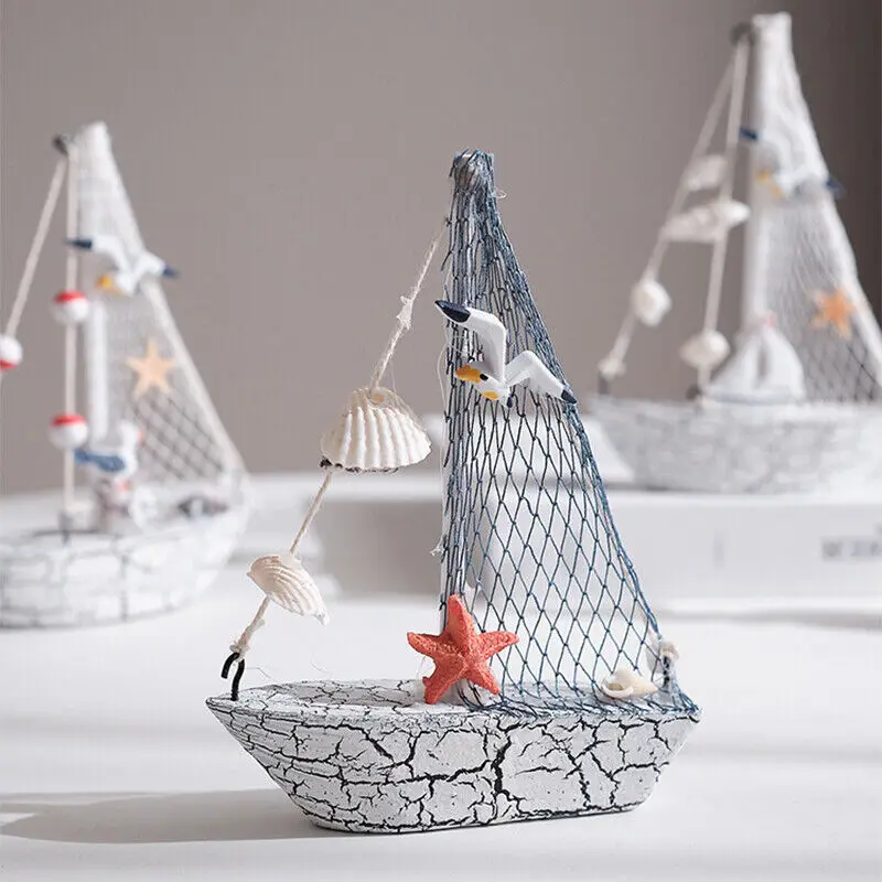 1pc Mediterranean Marine Nautical Wooden Sailing Boat Ship Wood Crafts Ornaments Home Decor Beach Nautical Design