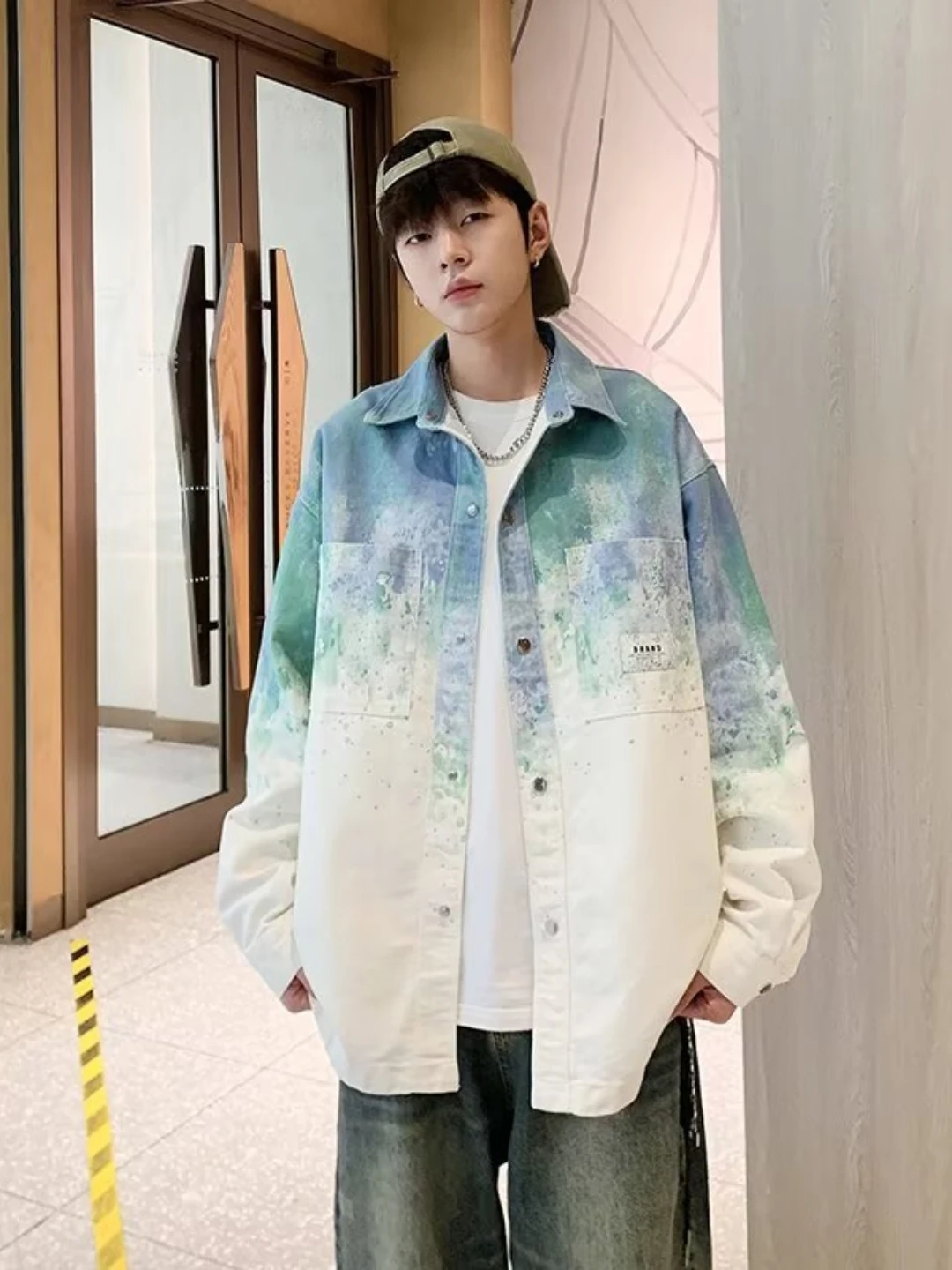 Cool Gradient Color Denim Shirt Men's Casual Style Long Sleeve Jeans Jacket for Junior High School Students And Teenagers Lar...