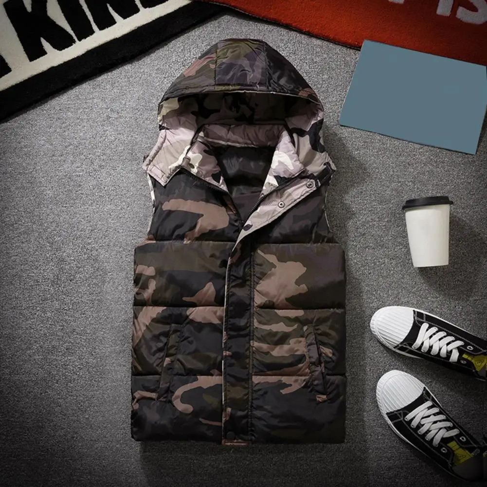 Winter Men Waistcoat Camouflage Thickened Cotton Padded Windproof Zipper Hooded Vest Coat for Daily Wear