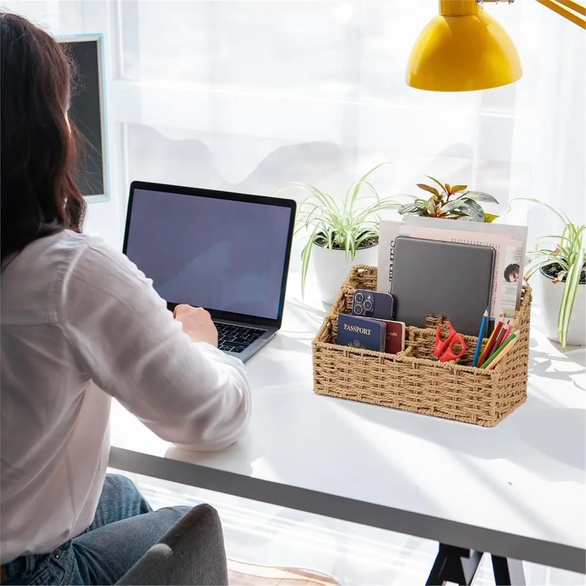 Woven Mail Organizer for Desk Countertop,Desktop Mail Holder Sorter Storage Basket with Envelope Letter File Compartment
