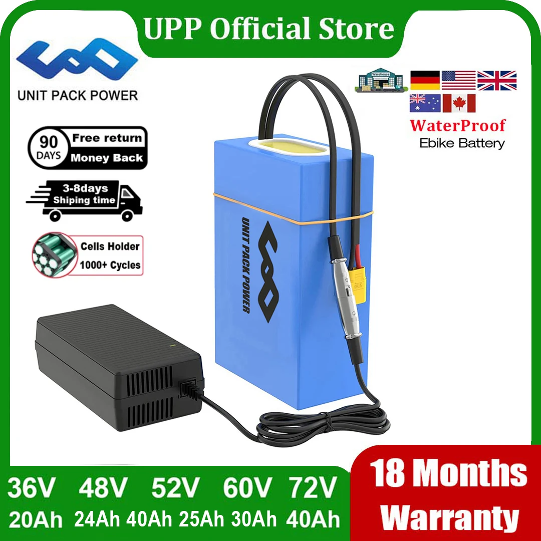 EScooter Ebike Akku 36V 48V 52V 60V 72V 40Ah 25Ah 20Ah Wasserdichte Lithiumbatterien 250W-3000W Motorrad/Trikes/Fahrrad