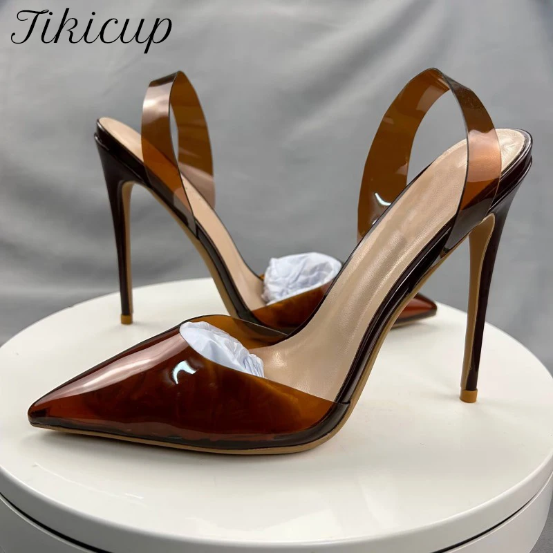 Tikicup Brown Summer Women Sexy Transparent Soft PVC Pointy Toe High Heel Slingback Shoes Jelly Stiletto Pumps 12cm 10cm 8cm