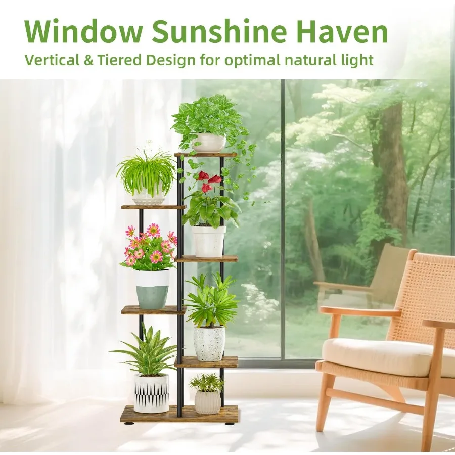 Soporte para plantas de 5 niveles, estante de soporte para flores múltiples de madera y Metal de esquina escalonada para interiores, estante de exhibición de orquídeas de 42 pulgadas de alto para Patio y porche