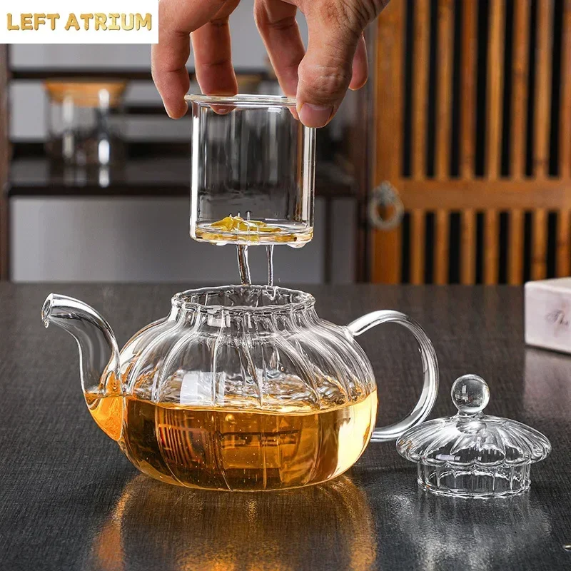 Heat-Resistant Transparent Glass Scented Teapot Complete Set, Kungfu Tea Filter, Creative Striped Pumpkin Pot, Glass Boil Water