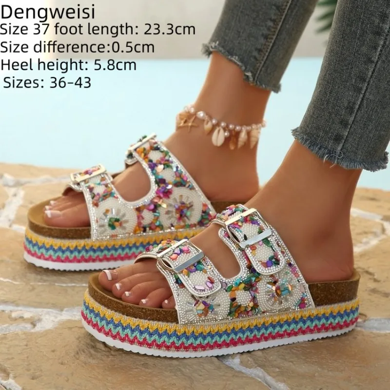 

Fashion Platform Wedge Women's Sandals Rhinestone Double Buckle Beach Women's Slippers Bohemian Woman's Shoes Босоножки Женские