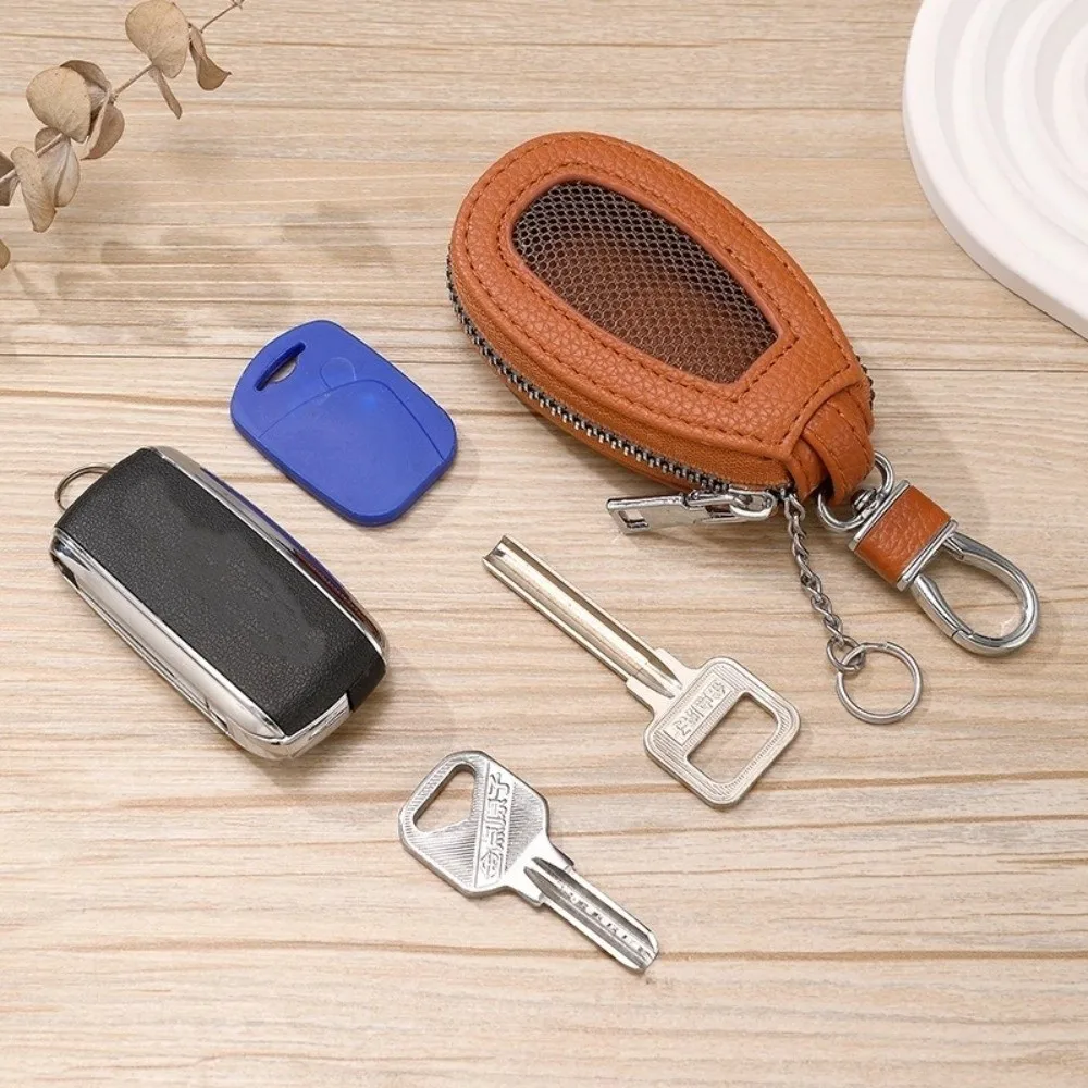 Transparent Mesh Car Key Bag Multifunctional Organizer Leather Key Case Protection Cover Zipper Closure Mini Storage Bag Unisex
