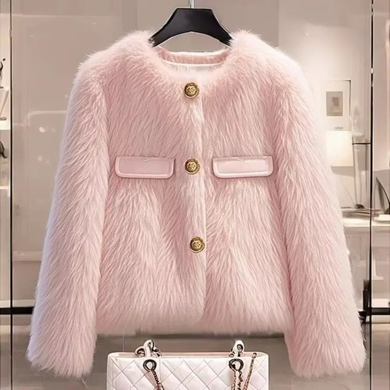 Vintage Round Neck Faux Fur Coats Short Winter Thicken Fox Furry Casaco Korean Fashion Warm Plush Chaquetas Cropped Jaqueta