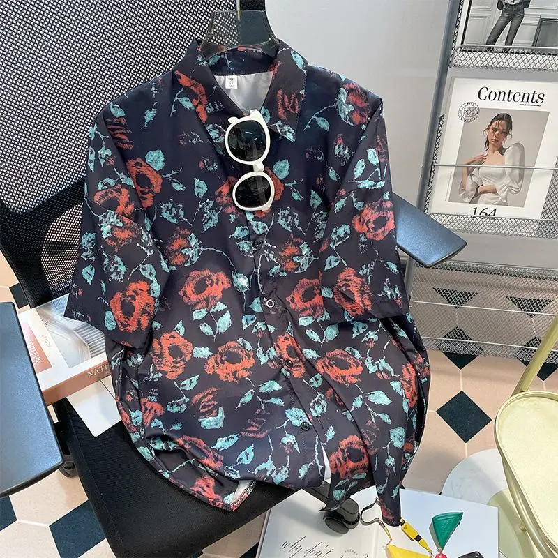 Vacation Summer New Short Sleeve Printing Loose Youth Blouse Polo Neck Floral Casual Shirt Tops Vintage Fashion Women Clothing