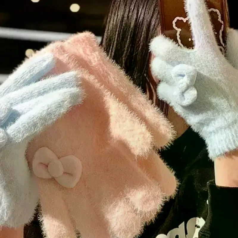 قفازات قطيفة مزينة بفيونكة ممتعة؛ قفازات شتوية معزولة للاستخدام المدرسي؛ إكسسوار نسائي عصري وهدية العيد #1