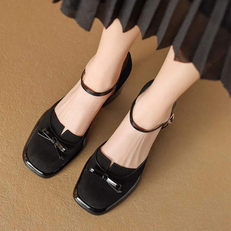 Fashion Sandals Summer New Suede Shallow Bow Single Shoes Woman\'s Head Thick Heel Platform Retro High Heels