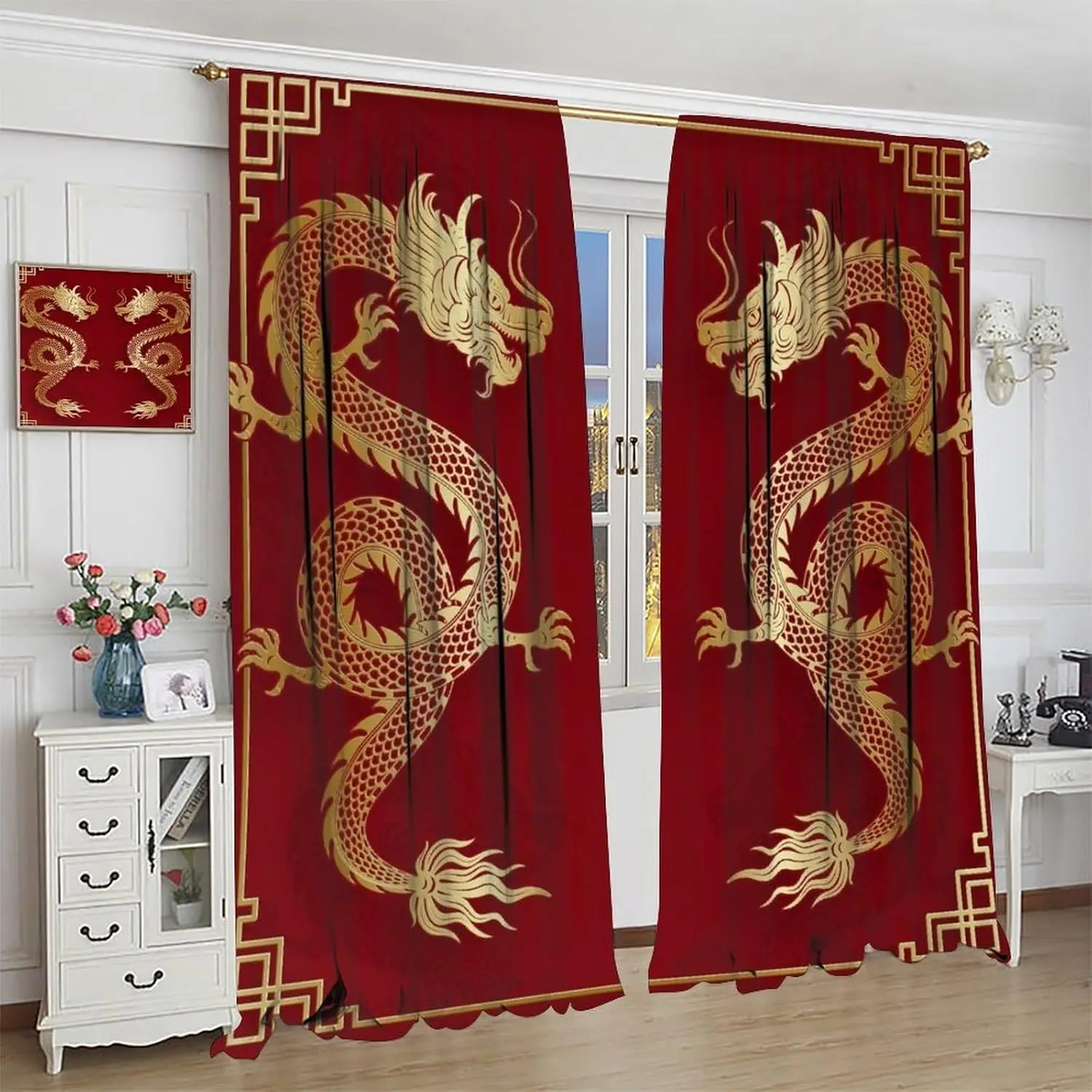 Dragon Red Golden Curtains,Asian Tradition Elements Chinese Dragon,Red Zodiac Animal Dragon Home New Year Window Decoration