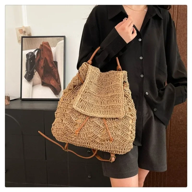 Concise Large Capacity Straw Weaving Hollow Out Drawstring Backpacks 2025 New High Quality Versatile Commute Student Backpacks