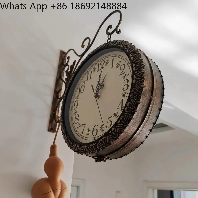 Home Retro Metal Double-Sided Wall Clock Silent Movement Antique Wrought Iron Face Watch