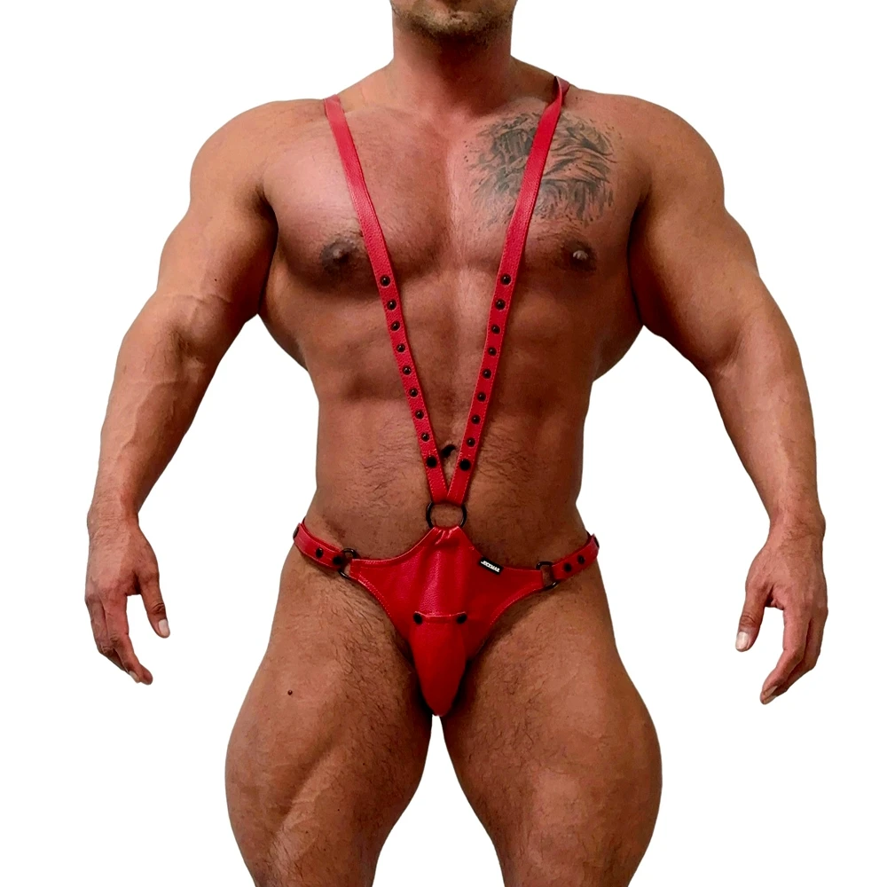 JOCKMAIL Men Harness Men's Jockstrap Underwear Bodysuit with Open Pouch Codpiece Big Bulge Faux Leather Adjustable Size.