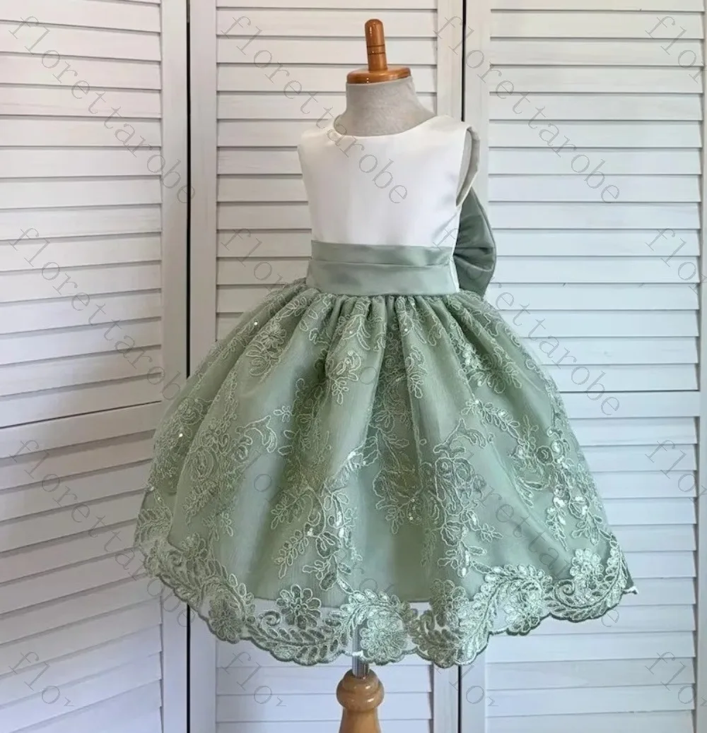 Customized Satin Princess Sage Green Flower Girl Dress Embroidered Applique Sleeveless Large Bow First Communion Prom Gowns