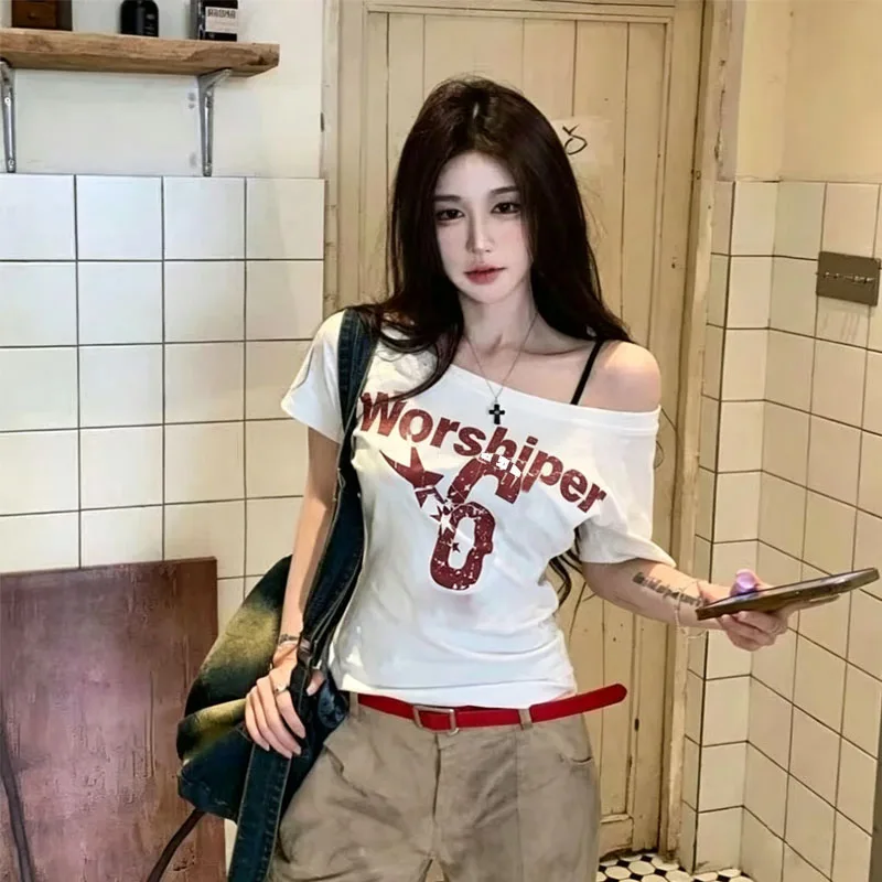 Y2k Sport Summer Off Shoulder Top Women Sexy Vintage 2000s Short Sleeve T Shirt Lady Body Basic Crop Top Female Casual