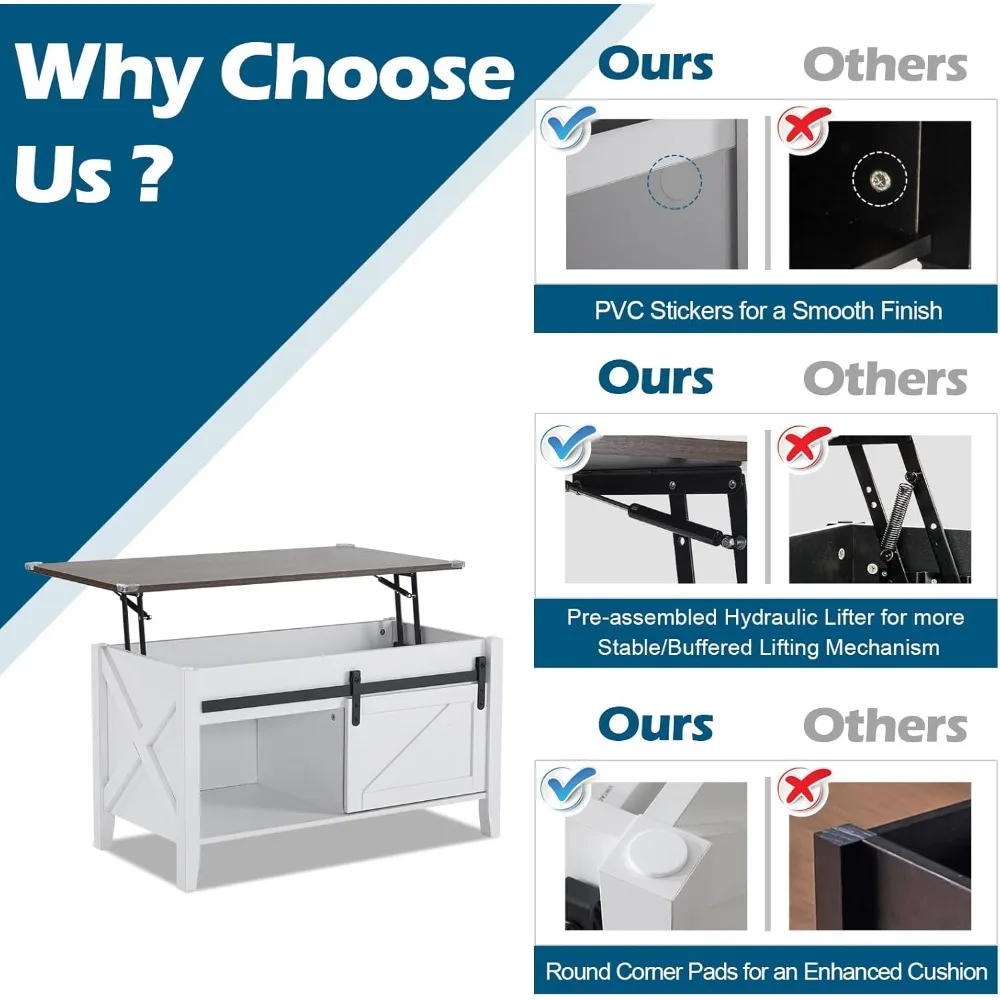 Rustic Grey Farmhouse Style Lift Top Coffee Table with Storage Shelf and Hidden Compartment