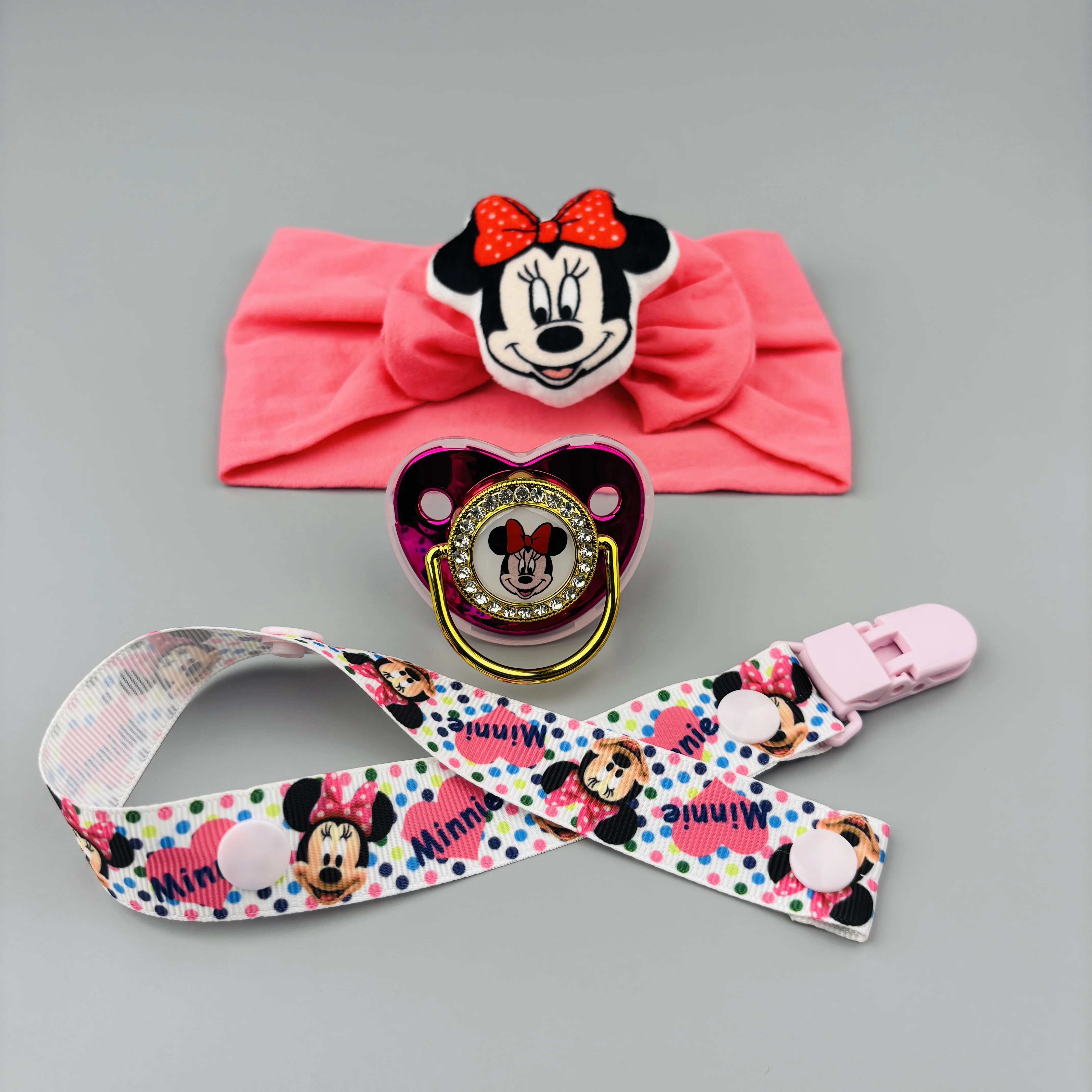 Luxurious baby Minnie Mouse printed pacifier clip and pacifier baby hair band 3D plush hair cap baby photo props babymama