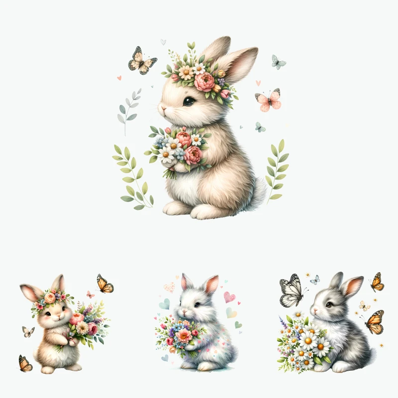 

2PCS Cute Bunny Floral Bouquet Butterflies iron on patches DTF Patches for clothes Iron-on transfers for clothing heat transfer