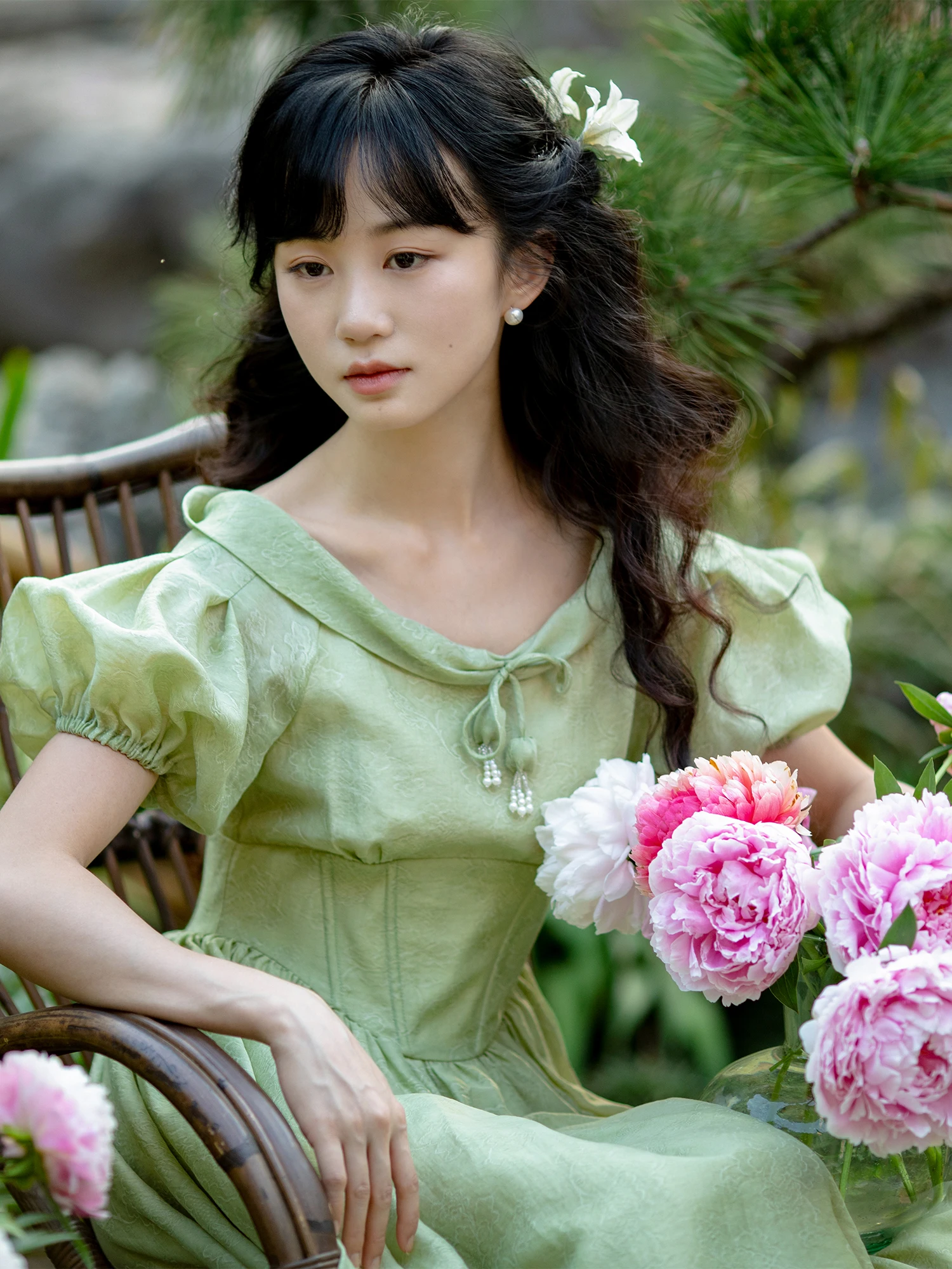 

87-95cm Bust Summer Green Maxi Dresses Women Vintage Elegant Slim Short Puff Sleeve High Waist Jacquard Big Swing Princess Dress