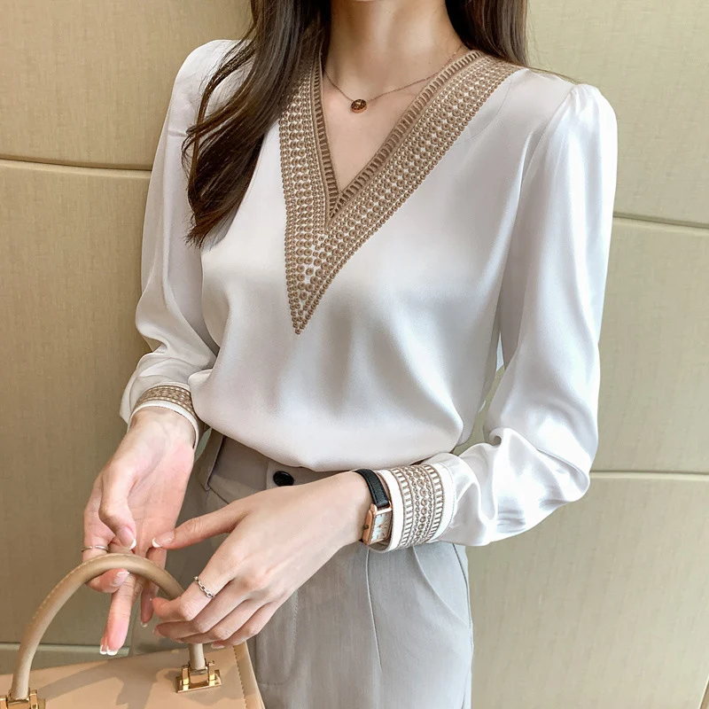 

TFETTERS Brand Women Tops Office Lady Fashion Lace V-neck White Shirt Women Long Sleeve 2024 Spring Summer Chiffon Clothes Women